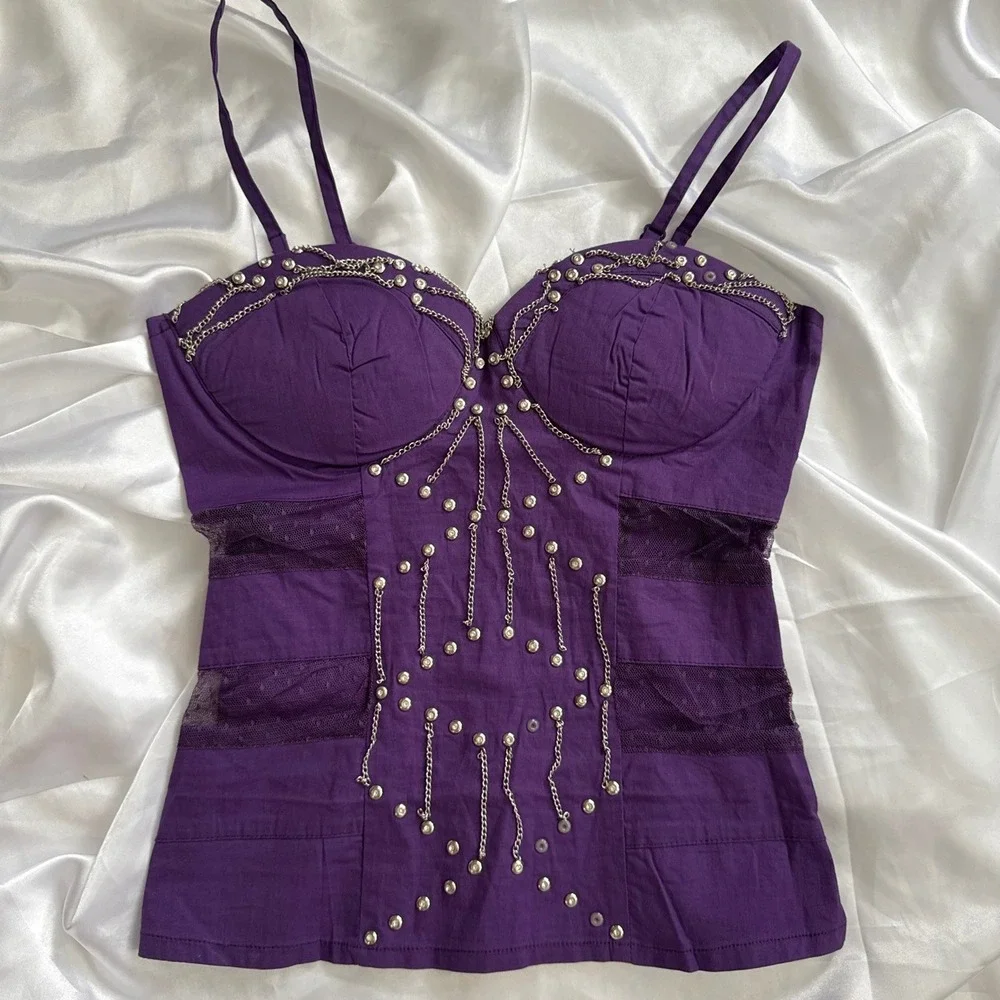 Lydia Purple Studded Chain Bustier Top Mesh Panels Gothic Punk Camisole Small